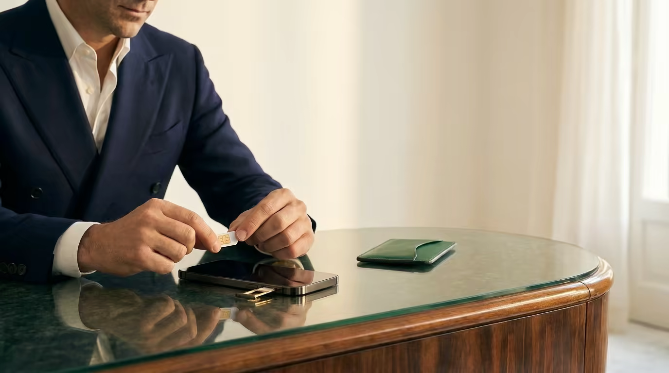 Hands activating a U.S. eSIM line on an iPhone at a walnut desk.